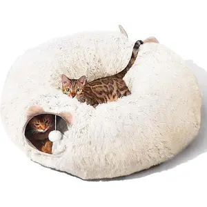 Tunnel with  Bed for Indoor Cats, Soft Plush Peekaboo  Cave Donut Tunnel, Multifunctional Playground Toys Hideplace for Small Medium Large Kittens, , Ferret (Cream White)