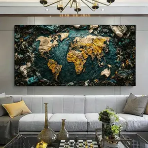 Large Abstract Canvas Art - Modern World Map Design in Blue and Gold Tones for Living Room or Bedroom Wall Decoration