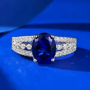 S925 Sterling Silver Blue Oval Cut Oval Ring 7*9mm 6A Cubic Zirconia Ring-268