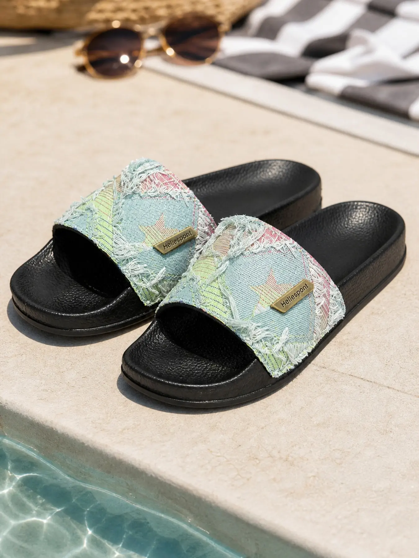 Casual Denim One-Strap Home Slippers, All over Print Design, PVC Sole, Less Than Ankle Height, Comfortable Footwear for Daily Use