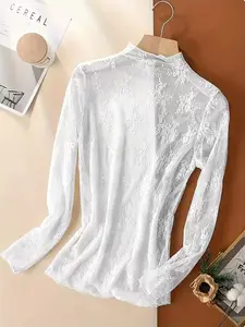 Spring Summer Lace Top Women, Half High Neck Innerwear, Chic Mesh Long Sleeve Shirt, Fashionable Undergarment for Ladies