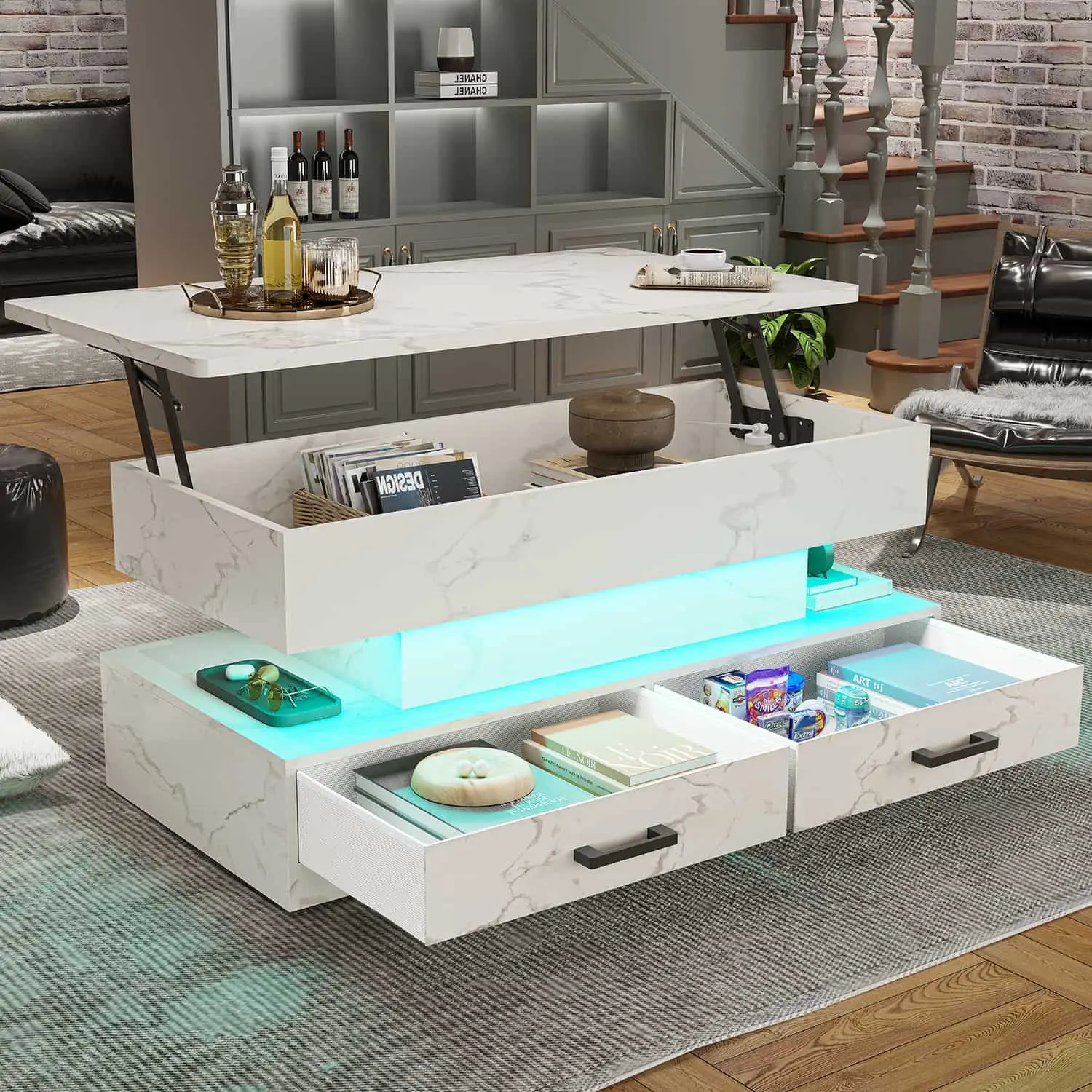 SIKAIC 40-Inch Adjustable Height Lift Top Square Coffee Table - Modern Furniture with LED Lights, White Marble Finish, Charging Station, 2 Drawers, Hidden Storage, Extendable Design, Built-In Sensitivity Adjustable Mic, Faux Marble
