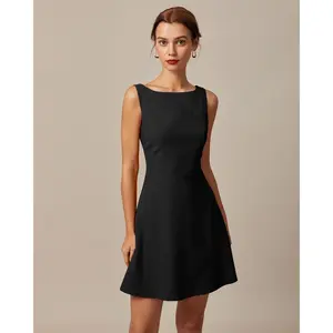 The Black Boat Neck High Waisted Mini Dress