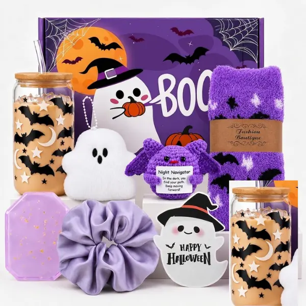 Boo Basket Stuffers for Women Halloween Gifts for Women | 8 Pcs Halloween Spooky Gifts with Crochet Boo Basket for Women Teens Girls Her Sister Friend Audlts with Halloween Glass Cup