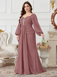 Elegant V-Neck Chiffon Dress with Lantern Sleeves, Ruched Design, Diamond Decoration, Pure Color, Big Swing Hem, Formal Party Gown