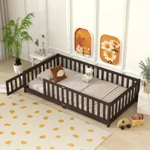 Twin Size Rubber Wood Floor Bed with Safety Fence and Door, Sturdy Solid Rubberwood Platform Floor Bed Frame with Full Surround Safety Guardrails, Low Profile Safety Floor Bed for Kids Toddlers Teens Bedroom Dormitory Home Use, Espresso
