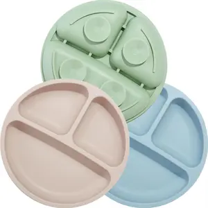 Divided Unbreakable Silicone Baby Toddler Plates 3 Pack Non Slip Microwave Safe Blue Green Brown