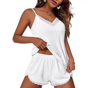 Women's 2-Piece Spaghetti Strap Lace V-Neck Cami & Loose-Fit Lightweight Shorts Bridal Lingerie Sleepwear, Soft Basic Black Lady Underwear Set