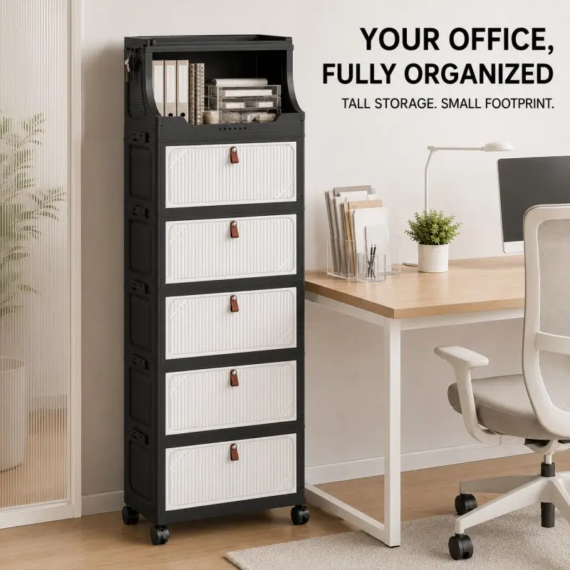 GoldSnake 2/3/4/5/6-Tier Foldable PVC Plastic Rectangular Office Storage Cabinet with Casters, Top Cabinet, Flip-Top Door & Lidded Bins, Rolling Tropical Book Storage Organizer for Small Spaces (Black, White)