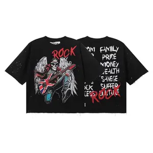 Black Wash Vintage Full Print Rhinestone T-Shirt, Bling Diamond Logo Skeleton Letter Graphic Tee, Harajuku Y2K Hip Hop Unisex Oversized Loose Casual Streetwear Tops