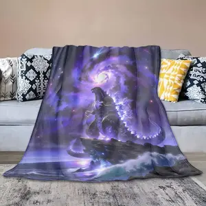 Cosmic Giant Sea Monster Galaxy Purple Nebula Flannel Throw Blanket, Ocean Wave Cliff Giant Creature Space Starry Sky Print Soft Fleece Blanket For Boys Teen Bedroom Sofa Fan Gift