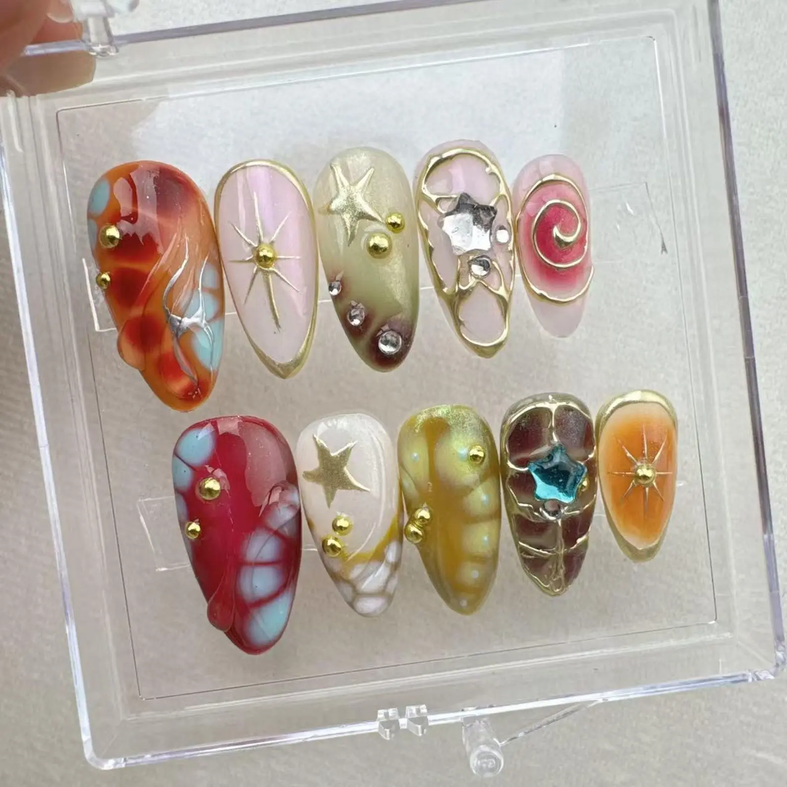 Handmade Starburst Press On Nails | Custom Gel Nail Art | Sparkle Star Design | Reusable Fake Nails | Trendy Y2K Nail Set