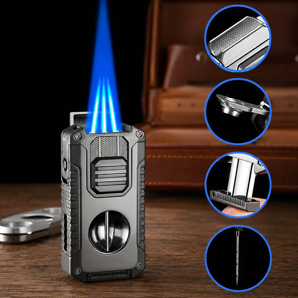 (Fuel Not Included) 5-in-1 Torch Lighter, Powerful Refillable Fuel Triple Jet Blue Flame Lighter, Including V-Cutter, Punch, Draw Enhancer, Anti-Dust Placeable Lid Holder And Windproof Visible Capacity Functions, Made of Zinc Alloy(1pc)