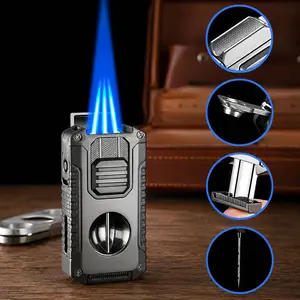(Fuel Not Included) 5-in-1 Torch Lighter, Powerful Refillable Fuel Triple Jet Blue Flame Lighter, Including V-Cutter, Punch, Draw Enhancer, Anti-Dust Placeable Lid Holder And Windproof Visible Capacity Functions, Made of Zinc Alloy(1pc)