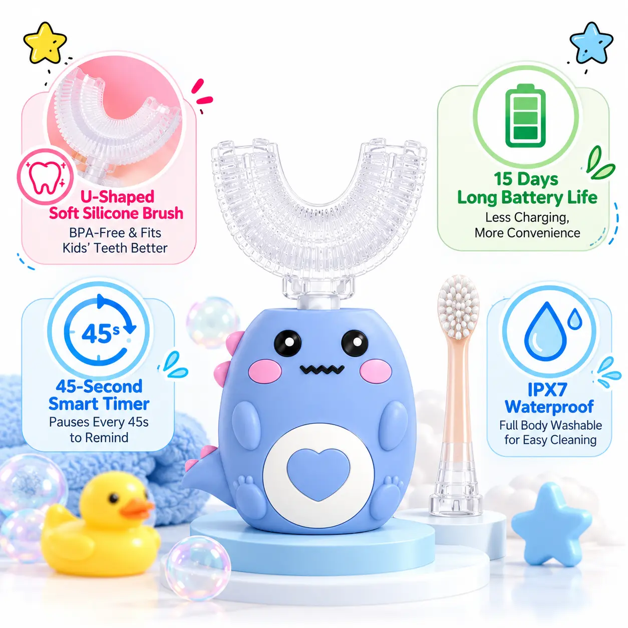 Electric Toothbrush for Kids & Toddlers, U-Shaped Soft Silicone Brush Head, IPX7 Waterproof, Smart Brushing Mode, Long Battery Life, Gentle All-Around Cleaning
