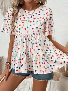 Women's Ruffle Hem Short Sleeve Top, Loose Fit Slimming Babydoll Shirt, Summer Chiffon T-Shirt, Rainbow Polka Dot Cake Dress, Soft Casual Style Youthful Look