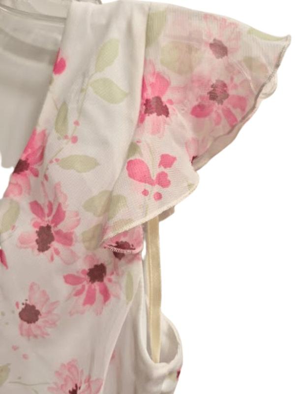 New York & Co Vintage White & Pink Floral Midi Dress with Flutter Sleeves Ruffle Hem Size 6 Sheer Fabric Fully Lined for Special Occasions