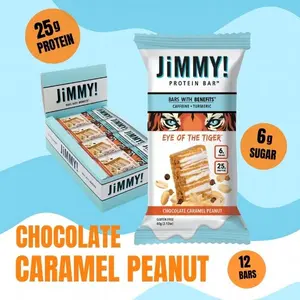JiMMYBAR! Eye of the Tiger Protein Bar Caramel Chocolate Nut 25g Protein 6g Sugar 12 Bars Gluten-Free Real Peanuts Hand-Drizzled Chocolate Snack