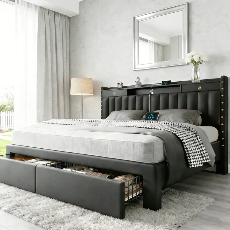 TryLazy  bed frame with 4 Storage Drawers No MATTRESS Queen Size  No Noise No Box Spring Needed White Rivet Design USB Socket,