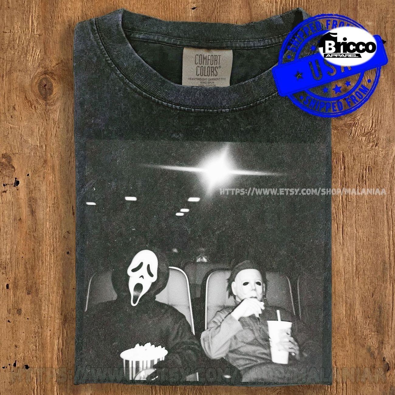 Comfort Colors® Ghost and Myers Movie Theater Shirt, Retro Slasher Horror Tee, Halloween Comfort Colors T-Shirt, Spooky Season Graphic Tee Unisex Womenswear Graphic Tops YIO