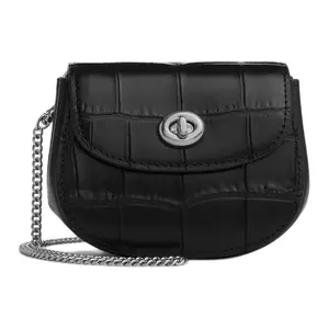 COACH Turnlock 12 Mini Leather Crossbody Bag with Silver Metal Chain for Women in Silver and Black