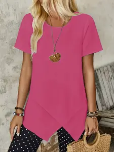 Women's Elegant Round Neck Short Sleeve T-Shirt, Irregular Hem Design, Versatile Pure Color Fashion Top