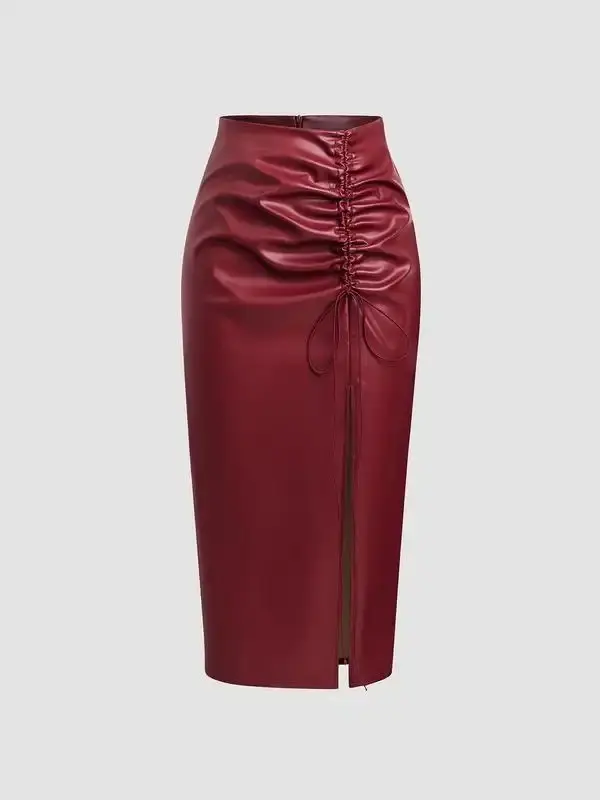 Women's Ruched Drawstring Split Thigh Pu Leather Skirt, Fashion Casual High Waist Long Skirt for Daily Wear, Women's Bottoms for Spring & Fall Valentine's Day, gift
