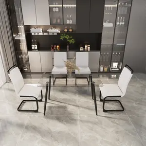 51 inch Glass Dining Table Set for 4 with Metal Legs Modern Rectangle Tempered Glass Top PU Armless Chairs for Kitchen Dining Room Modern Dining Room
