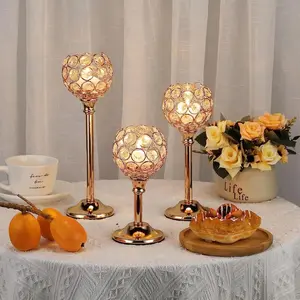 Set of 3 Crystal Metal Tealight Candlestick, Bling Bowl Candelabras, Tall Crystal Votive Candle Holders Elegant Crystal Candle Centerpiece for Dining Table Wedding Decor (Set of 3, Gold)