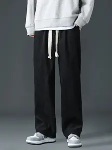 Men's Winter Thickened Casual Pants High-End Windproof Fleece Lined Elastic Waistband Straight Leg Loose Fit for Everyday Wear