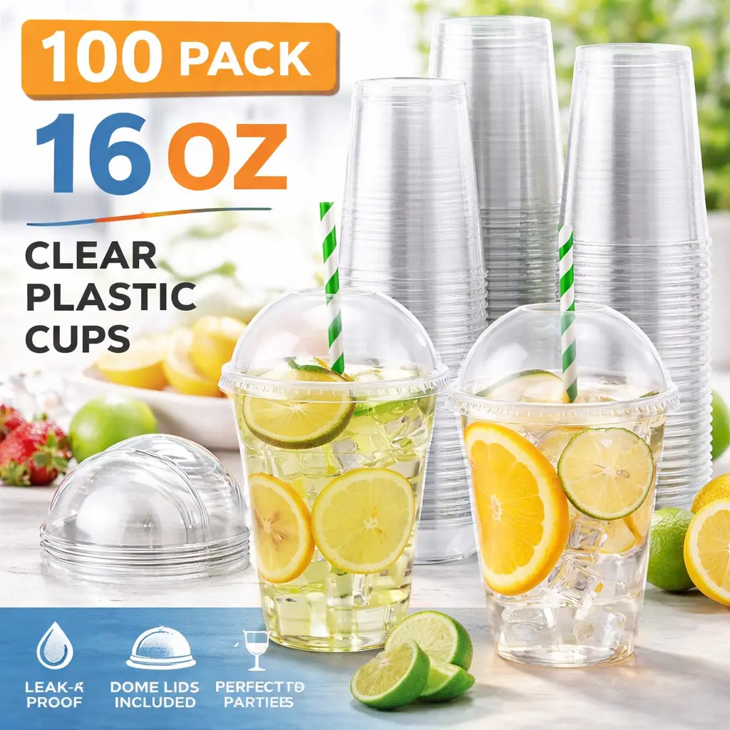 100 Pack 16 oz Clear Plastic Cups with Dome Lids – Disposable Dessert Cups for Ice Cream, Iced Coffee, Cupcakes, Fruit – Straws NOT Included – Summer Sale, Mid Year Sale, Deals for You, Restock