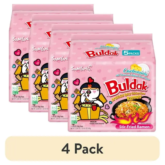 (4 pack) Samyang Spicy Chicken Noodle Carbonara Flavor Ramen, 4.58 oz, 5 Pack