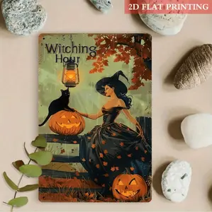 Witching Hour Metal Sign Vintage Wall Decor Featuring Witch Cat and Jack-O-Lanterns for Spooky Autumn Home Aesthetic