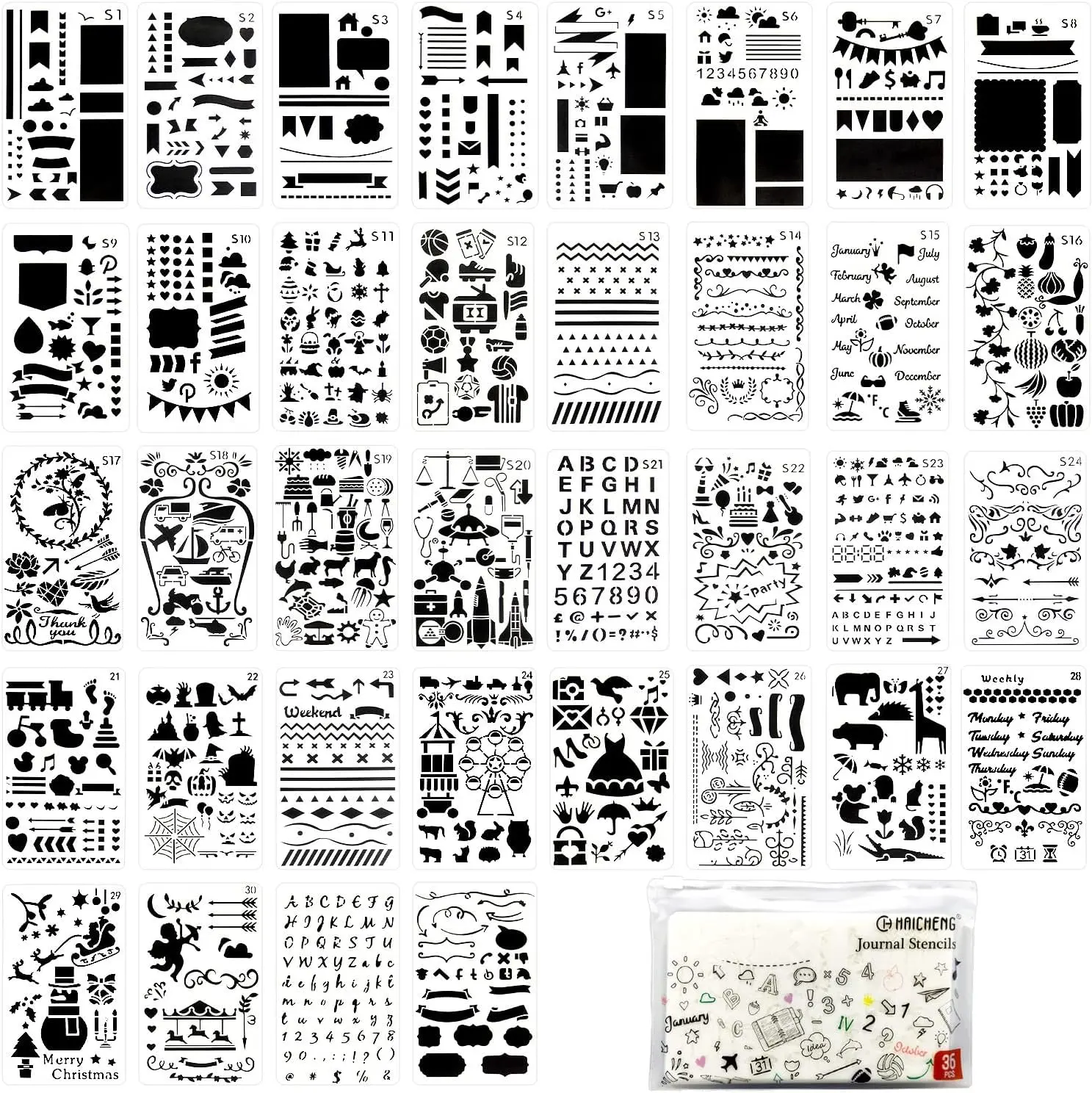 36 PCS Plastic Journal Stencils for Bullet Junk Journal Notebook Diary Drawing Scrapbook Journal Stencil Templates 4x7 Inch