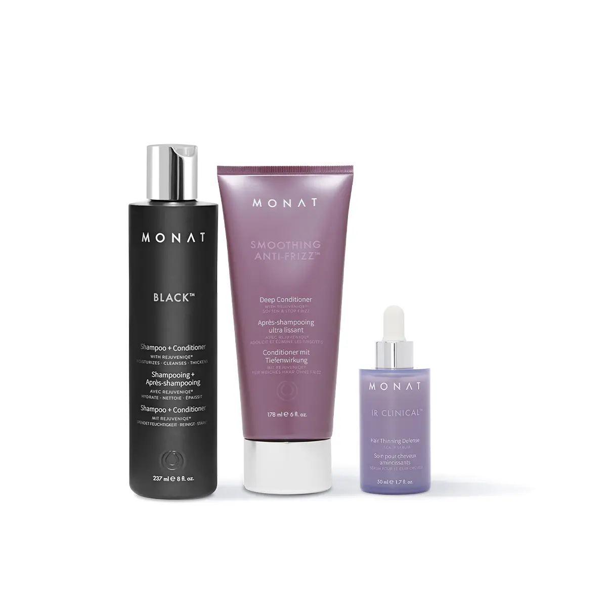 MONAT Essentials - Black Shampoo + Conditioner, Smoothing Anti-Frizz Conditioner & IR Clinical Thickening Serum