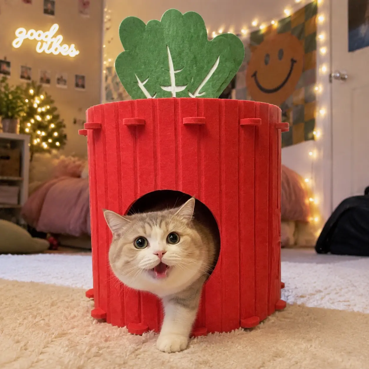 Carrot-shaped felt cat house with scratching surface, detachable assembly enclosed cat cave, wear-resistant kitten hideaway scratcher toy, all-season indoor pet shelter