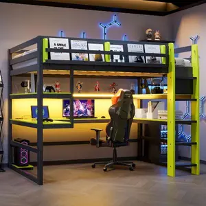 Twin/Full Size Wood Loft Bed with Desk & Storage Shelves – Gaming Loft Bed with Side Storage Rack, RGB LED Lights, USB Charging Ports for Teens,  Small Bedroom,Green
