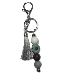 Blue and Brown Flower Keychain with Grey Tassel - Includes Beads and Chain Design