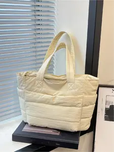 Women's Solid Color Quilted Tote Bag, Fashionable Large Capacity Shoulder Bag for Work & Daily Used, Casual Trendy Versatile High-quality Daily Commuting Bag, Quilted Work Bags