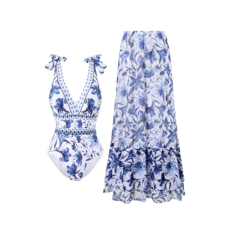 Women's V Neck Bohemian Print One-Piece Swimsuit and Matching Cover Skirt Set Summer Swimdress Swimming Vacation Beach Bathing SuitSuit Stylish Beachwear Women's V Neck Bohemian Print One-Piece Swimsuit and Matching Cover Skirt Set Summer Swimdress Swimming Vacation Beach Bathing SuitSuit Stylish Beachwear