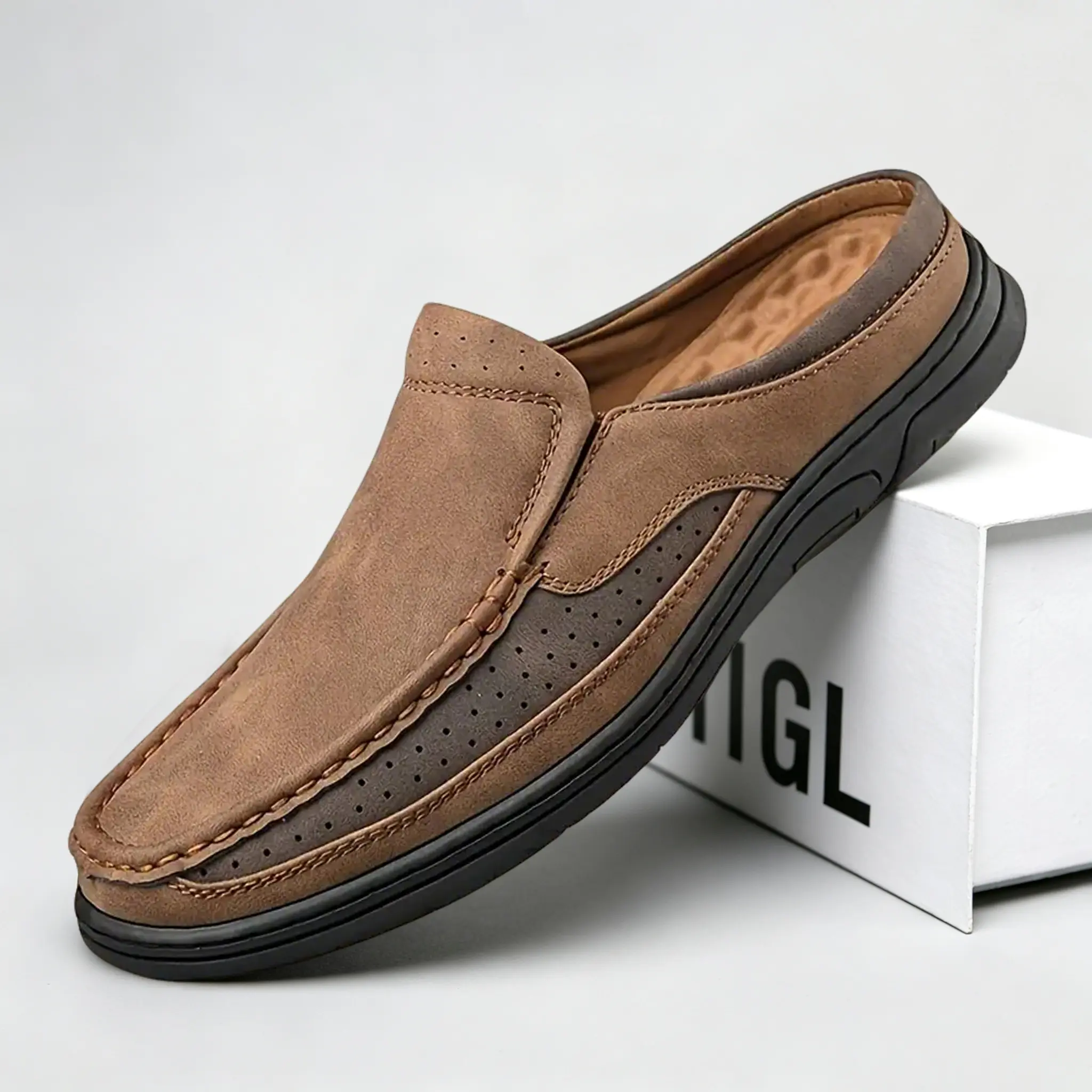 Men’s Backless Slip-On Perforated Spliced-Leather No-Lace Mule Slippers - Breathable, Lightweight, Closed-Toe Casual Footwear with Comfort Hidden Height-Boost Non-Slip Sole for Daily Outdoor Wear (Grey, Brown)