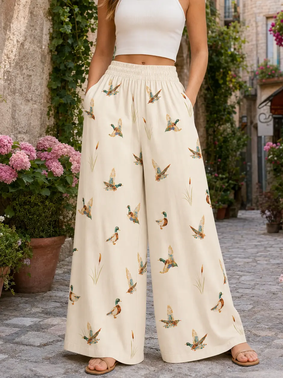 Women’s Beige Colorful Soft Duck Print High-Waist Elastic Wide-Leg Palazzo Pants, Loose-Fit Casual Women’s Bottoms