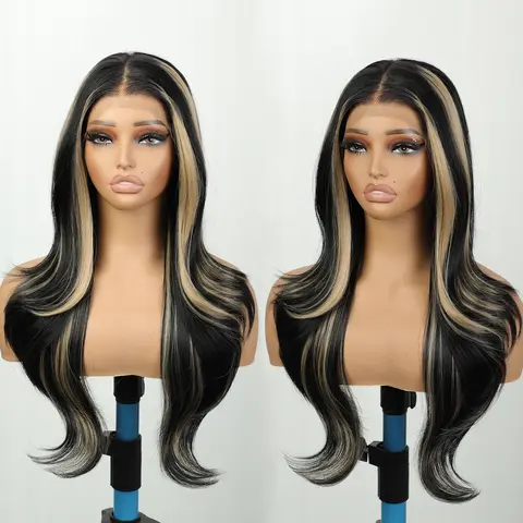 Women's 13×4 Skunk Stripe Synthetic Lace Front Wig - 26in Glueless Pre-Plucked Layered Wave, Black & Blonde Beginner Friendly Wig with Natural Root for Wedding, Work, Synthetic Wigs,sohochic