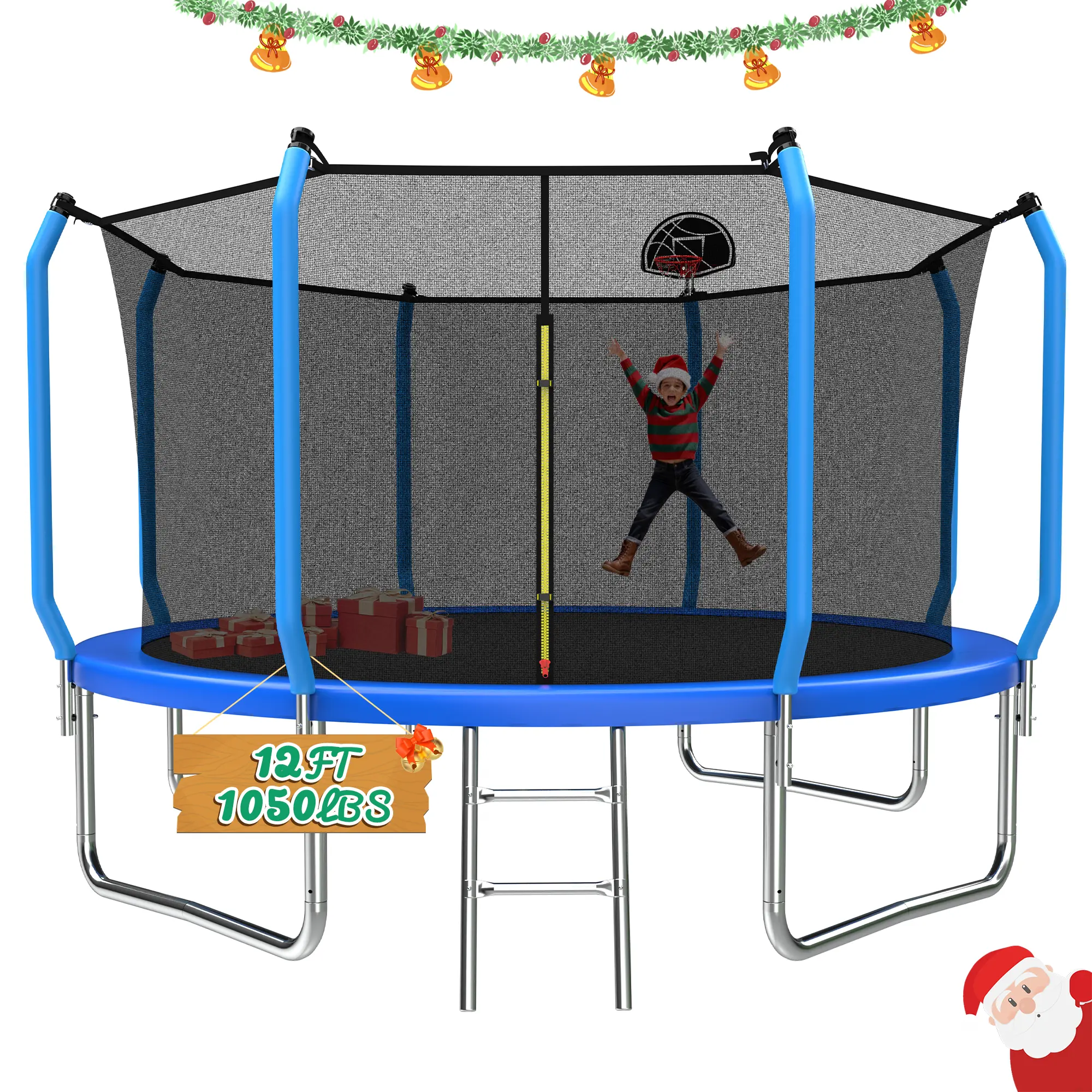 Mersco 12ft Kid Trampoline with Basketball Hoop Airpump Safety Enclosure Net Ladder Ideal for Kids Adults Blue Home Gym Workout Equipment, Home Workout Equipment, Exercise Trampoline, Fitness Trampoline