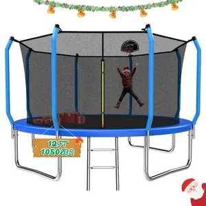 Mersco 12ft Kid Trampoline with Basketball Hoop Airpump Safety Enclosure Net Ladder Ideal for Kids Adults Blue Home Gym Workout Equipment