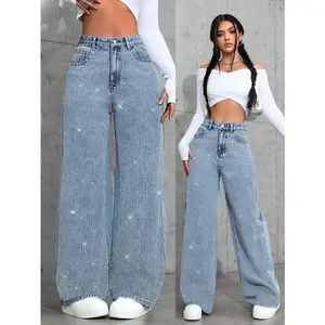 Women’s front-button pocket minimalist casual low-rise rhinestone-embellished Valentine’s Day sparkling sequin loose women’s jeans for concerts; autumn women’s clothing/underwear; basic Japanese-cuff jeans GARMENTARY