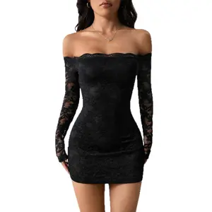 2025 Autumn New Lace Off The Shoulder Long Sleeve Bodycon Dress Women's Elegant Party Evening Dress for Wedding Guest Summer Style thanksgiving Outfits Women Bodycon Dress Shoulder Top work christmas party meshki  birthday  dress bella hadid  spray music