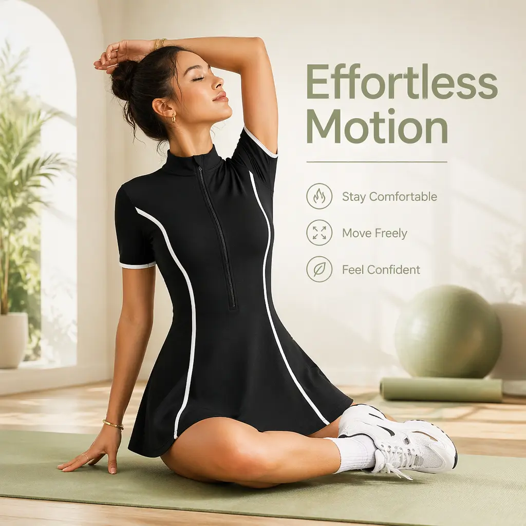 Women's Half-Zip Short-Sleeve Tennis Dress, Contrast Line Slim Athletic Dress with 4-Way Stretch, Moisture-Wicking Fabric & Built-In Shorts for Yoga, Tennis, Daily Wear