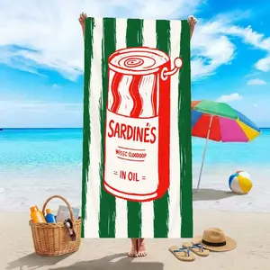 Retro sardine can label beach towel, women's style, large rectangular microfiber absorbent beach towel, fun retro green and white striped quick-drying pool towel, suitable for summer beach trips, camping picnics, can be given to friends and family