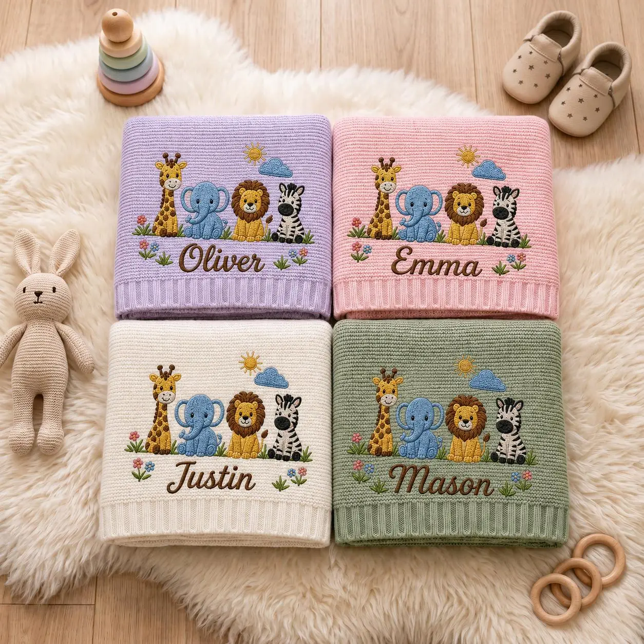 [Made-to-Order] Custom Name Safari Embroidered Baby Blanket, Elephant Lion Zebra Blanket, Jungle Nursery Blanket, Baby Shower Gift, Newborn Keepsake